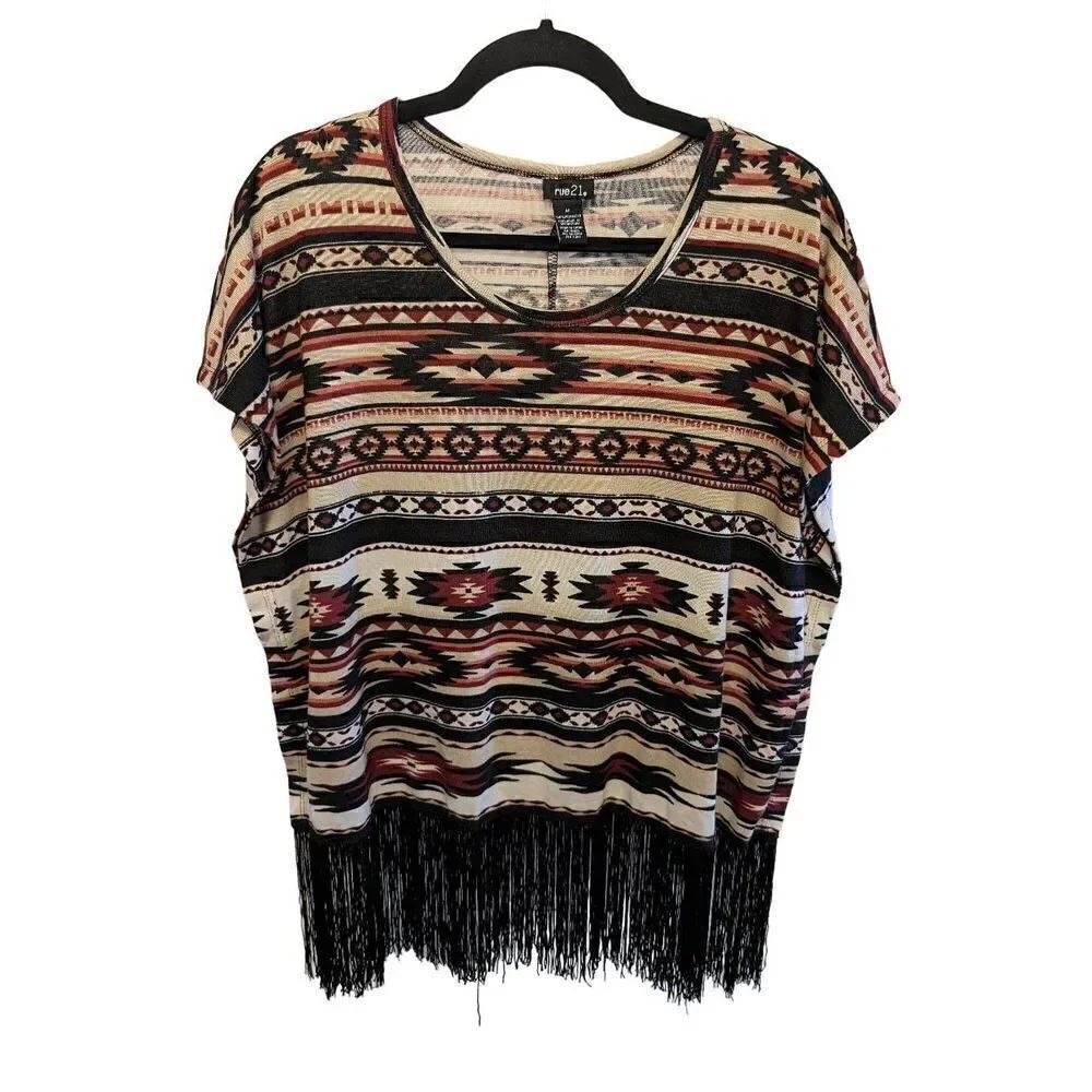 Rue 21 Women's South Western Black Fringe Poncho Cape Tunic Shirt Top Blouse Wom